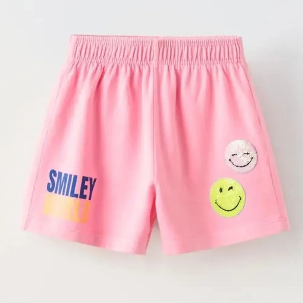 Zara Kids x Smiley World Neon Pink Sequin Smiley Face Cotton Shorts Size 6